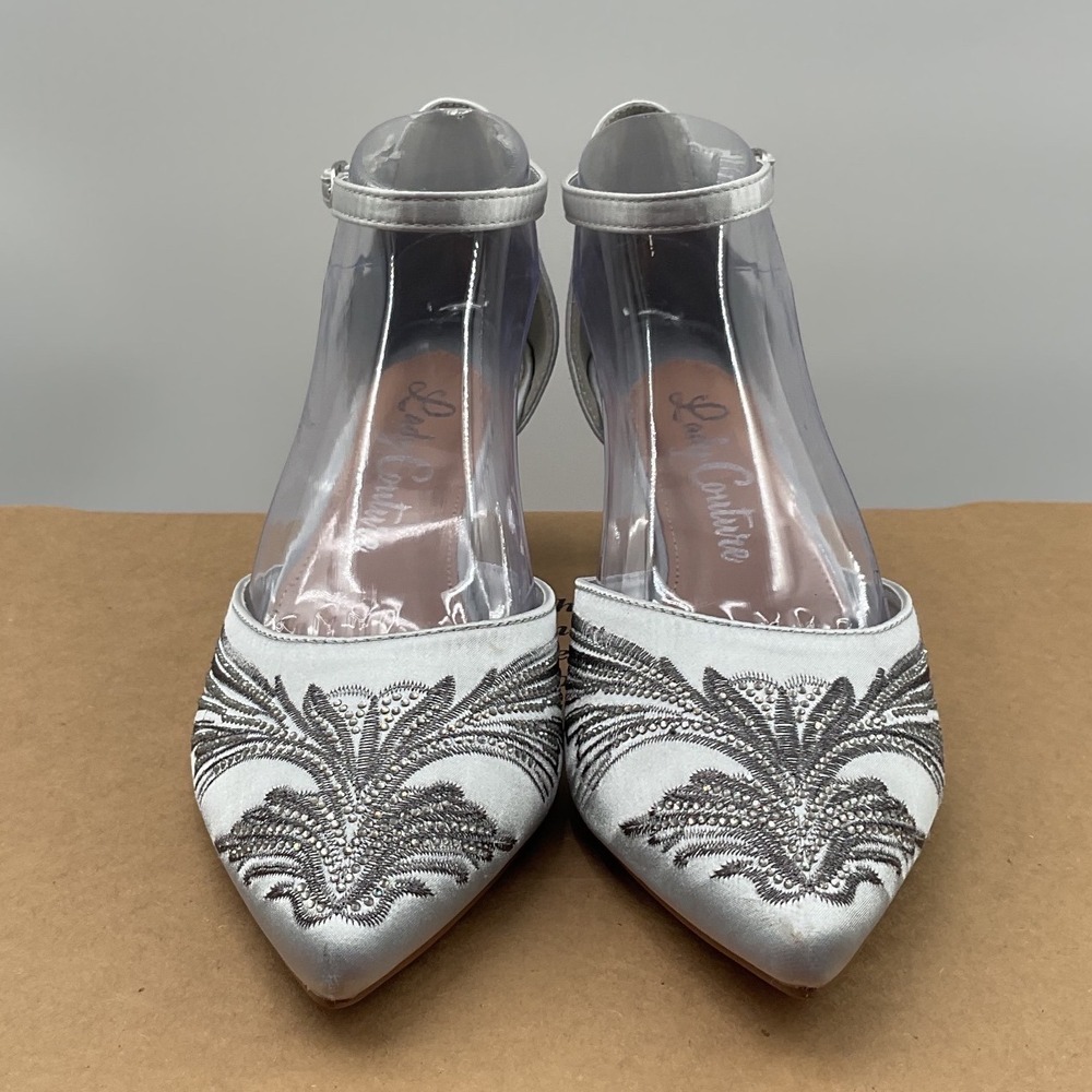 Lady Couture Kate Silver Satin Embroidered Rhinestone Kitten Heel Pumps Women 11